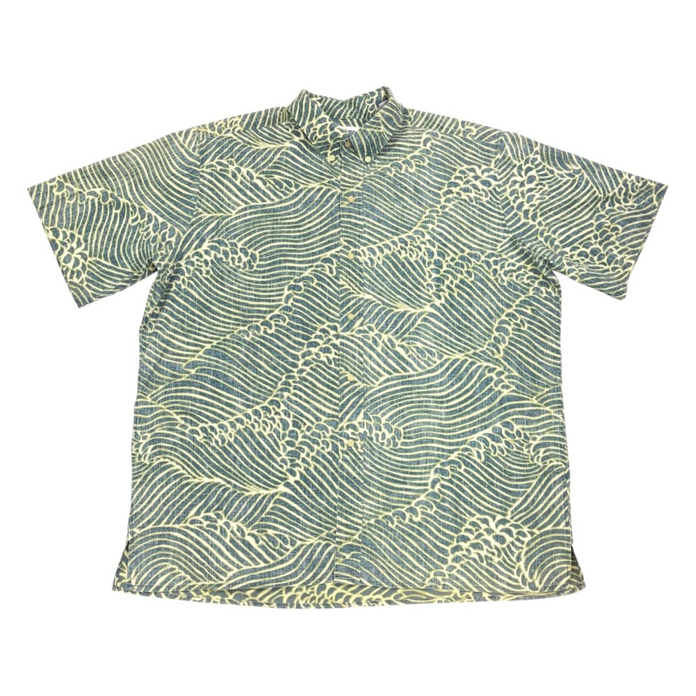Reyn Spooner Button Down Reverse Print Hawaiian Shirt Men's XXL Waves Green Blue